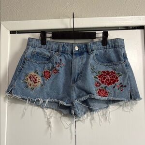 Embroidered Denim Shorts with Floral Design